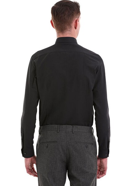 Siyah Slim Fit Desenli Pamuklu Slim Yaka Uzun Kollu Klasik Gömlek