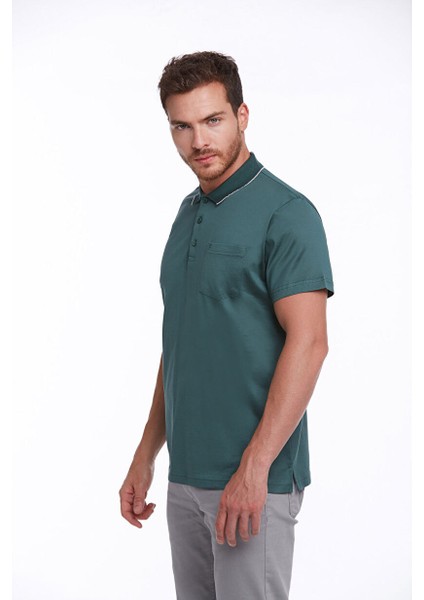 Yeşil Regular Fit Düz 100% Pamuk Polo Yaka Tişört