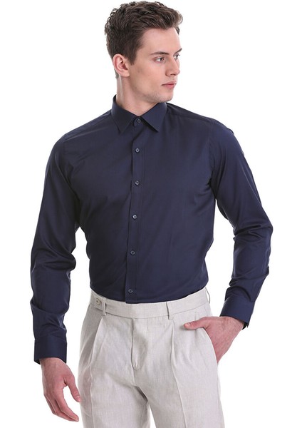 Lacivert Slim Fit Düz 100% Pamuklu Slim Yaka Uzun Kollu Casual Saten Gömlek fırsatları