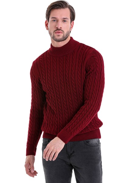 Bordo Comfort Fit Desenli Pamuklu Yarım Balıkçı Yaka Triko Kazak
