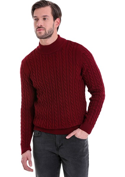 Bordo Comfort Fit Desenli Pamuklu Yarım Balıkçı Yaka Triko Kazak fiyatları