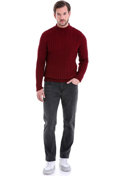 Bordo Comfort Fit Desenli Pamuklu Yarım Balıkçı Yaka Triko Kazak modelleri