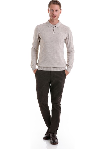 Bej Regular Fit Düz Polo Yaka Triko Kazak
