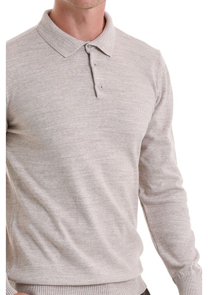 Bej Regular Fit Düz Polo Yaka Triko Kazak