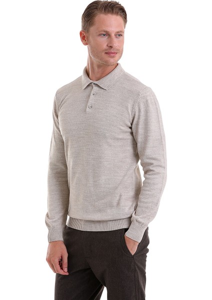 Bej Regular Fit Düz Polo Yaka Triko Kazak