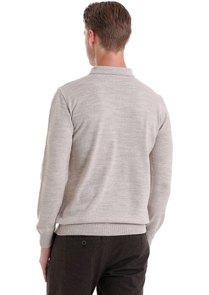 Bej Regular Fit Düz Polo Yaka Triko Kazak