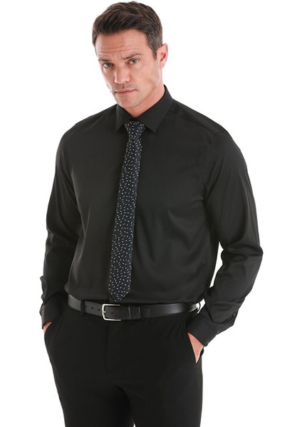Siyah Comfort Fit Düz Slim Yaka Uzun Kollu Gömlek