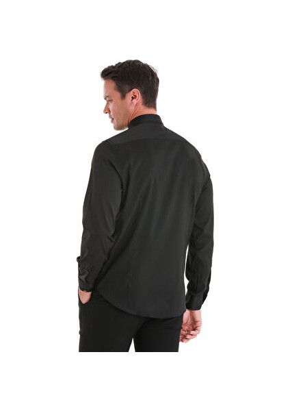 Siyah Comfort Fit Düz Slim Yaka Uzun Kollu Gömlek