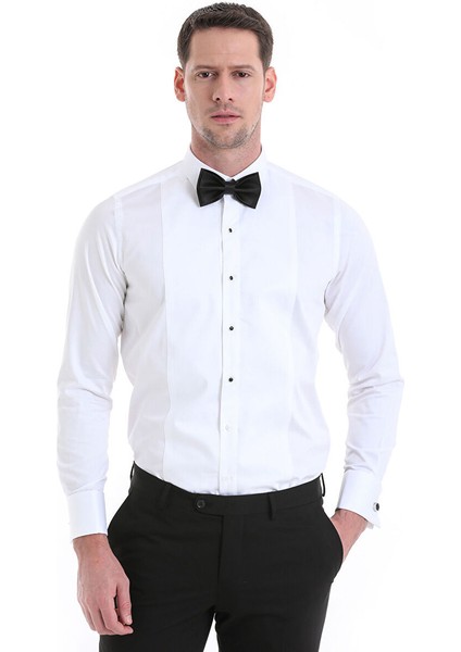Beyaz Comfort Fit Düz 100% Pamuklu Slim Yaka Manşetli Uzun Kollu Saten Klasik Gömlek
