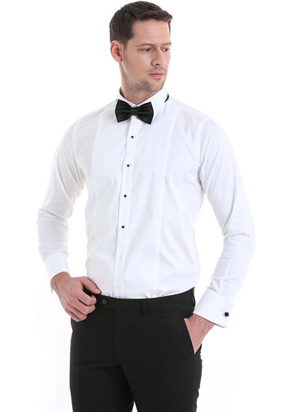 Beyaz Comfort Fit Düz 100% Pamuklu Slim Yaka Manşetli Uzun Kollu Saten Klasik Gömlek fırsatları