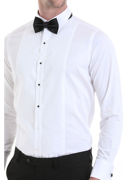 Beyaz Comfort Fit Düz 100% Pamuklu Slim Yaka Manşetli Uzun Kollu Saten Klasik Gömlek indirimleri