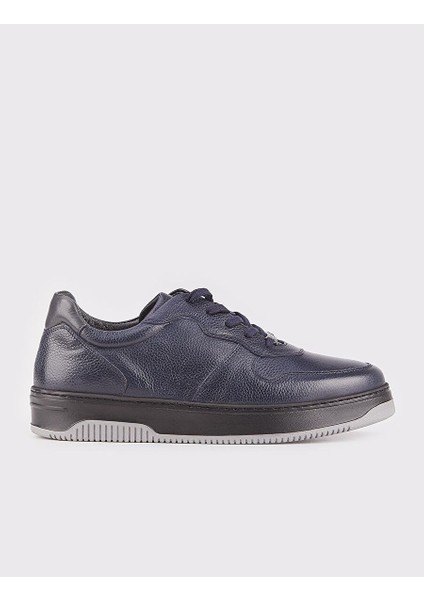 Hakiki Deri Lacivert Bağcıklı Kauçuk Tabanlı Erkek Sneaker Spor Ayakkabı