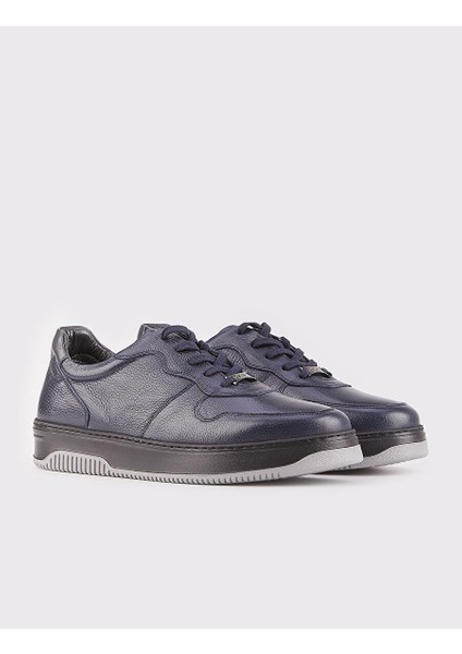 Hakiki Deri Lacivert Bağcıklı Kauçuk Tabanlı Erkek Sneaker Spor Ayakkabı