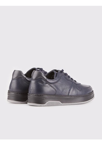 Hakiki Deri Lacivert Bağcıklı Kauçuk Tabanlı Erkek Sneaker Spor Ayakkabı