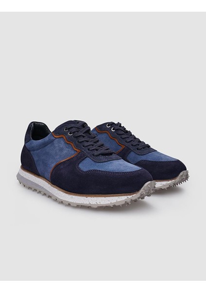 %100 Hakiki Deri Lacivert Süet Bağcıklı Erkek Sneaker