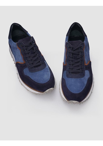 %100 Hakiki Deri Lacivert Süet Bağcıklı Erkek Sneaker