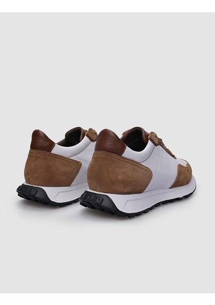 %100 Hakiki Deri Beyaz - Taba Süet Bağcıklı Erkek Spor Ayakkabı