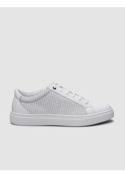 %100 Hakiki Deri Beyaz Kare Desenli Bağcıklı Erkek Sneaker