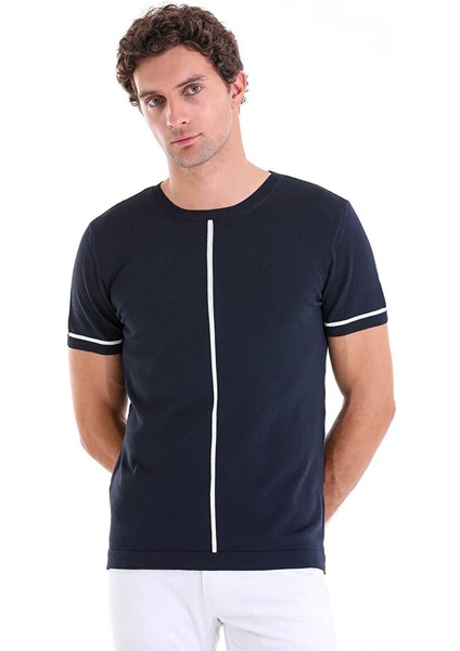 Lacivert Slim Fit Desenli Bisiklet Yaka Rayon Triko Tişört