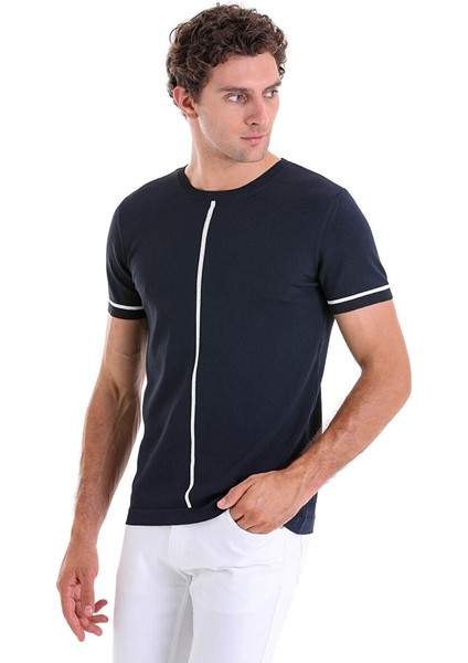 Lacivert Slim Fit Desenli Bisiklet Yaka Rayon Triko Tişört fiyatları