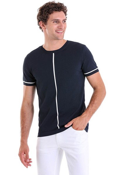 Lacivert Slim Fit Desenli Bisiklet Yaka Rayon Triko Tişört modelleri