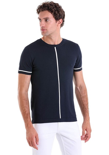 Lacivert Slim Fit Desenli Bisiklet Yaka Rayon Triko Tişört fırsatları