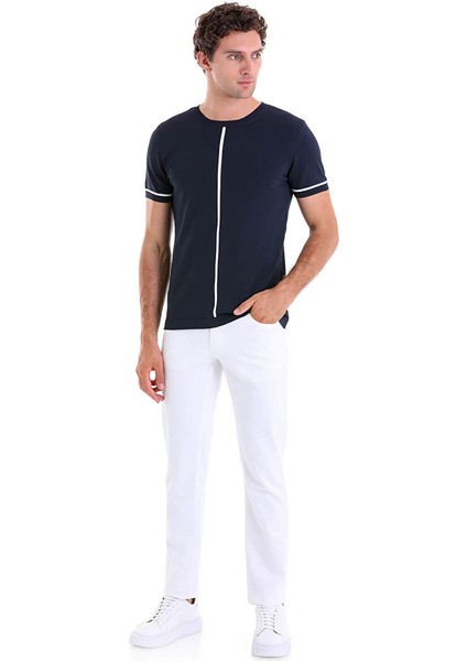 Lacivert Slim Fit Desenli Bisiklet Yaka Rayon Triko Tişört indirimleri