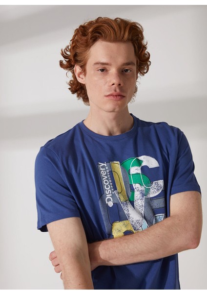 Bisiklet Yaka Baskılı Indigo Erkek T-Shirt Maxım