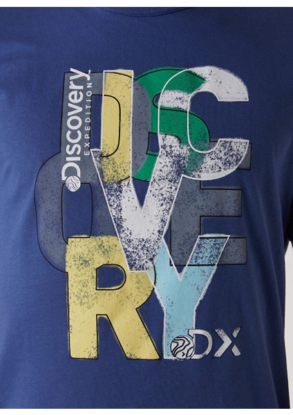 Bisiklet Yaka Baskılı Indigo Erkek T-Shirt Maxım indirimleri