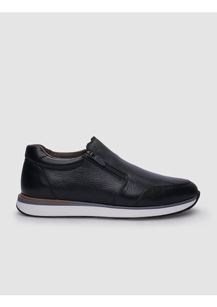 %100 Hakiki Deri Siyah Fermuarlı Erkek Sneaker