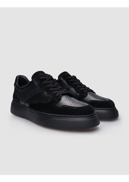 %100 Hakiki Deri Siyah Süet Bağcıklı Erkek Sneaker