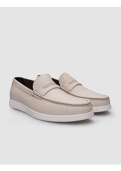 %100 Hakiki Deri Bej Loafer Erkek Günlük Ayakkabı