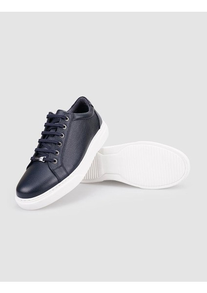 %100 Hakiki Deri Lacivert Bağcıklı Erkek Sneaker