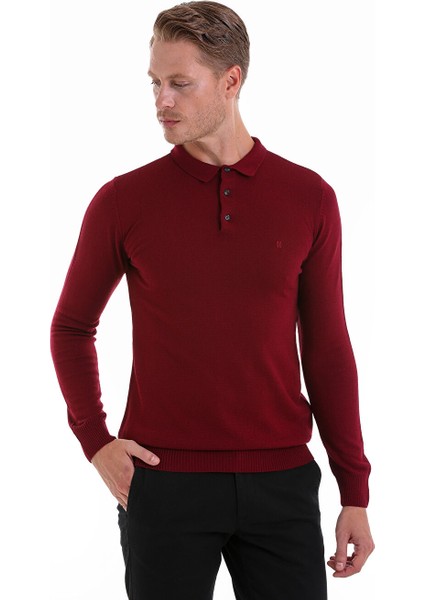 Bordo Regular Fit Düz Polo Yaka Triko Kazak