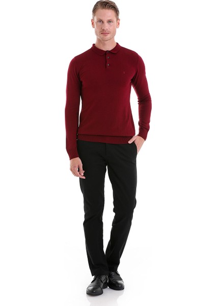 Bordo Regular Fit Düz Polo Yaka Triko Kazak