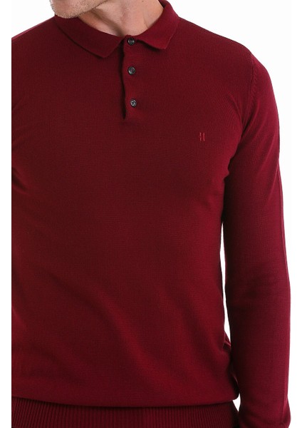 Bordo Regular Fit Düz Polo Yaka Triko Kazak