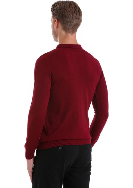 Bordo Regular Fit Düz Polo Yaka Triko Kazak