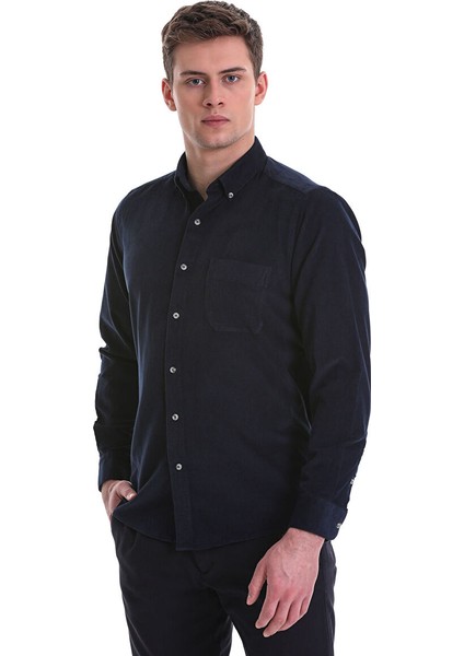 Lacivert Slim Fit 100% Pamuklu Düğmeli Yaka Uzun Kollu Klasik Gömlek