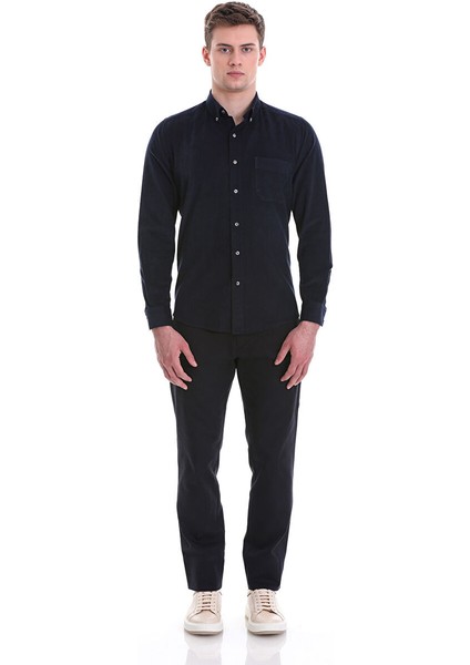 Lacivert Slim Fit 100% Pamuklu Düğmeli Yaka Uzun Kollu Klasik Gömlek fiyatları