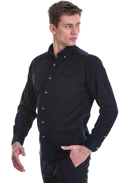 Lacivert Slim Fit 100% Pamuklu Düğmeli Yaka Uzun Kollu Klasik Gömlek fırsatları