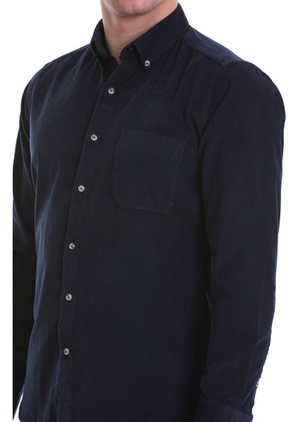 Lacivert Slim Fit 100% Pamuklu Düğmeli Yaka Uzun Kollu Klasik Gömlek indirimleri