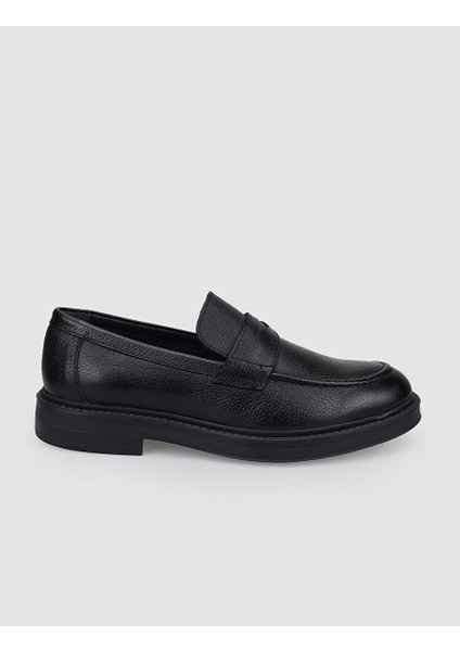 %100 Hakiki Deri Siyah Kemer Detaylı Erkek Loafer