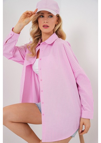 Çizgili Oversize Gömlek 20332 - Pembe fırsatları