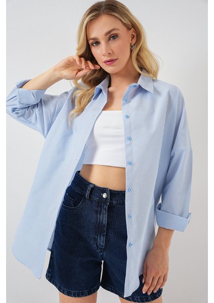 Çizgili Oversize Gömlek 20332 - Açık Mavi modelleri