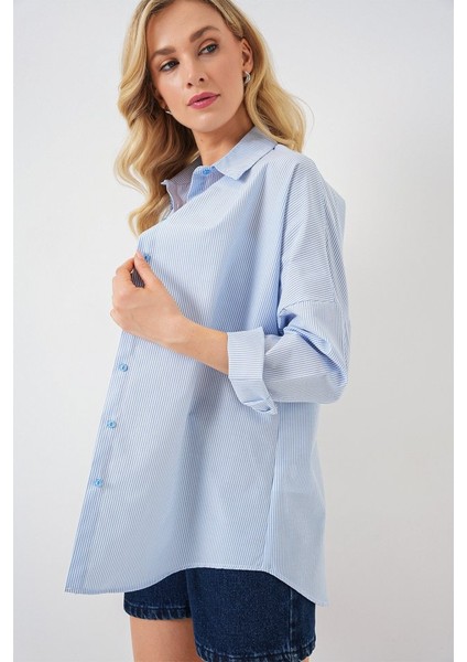 Çizgili Oversize Gömlek 20332 - Açık Mavi fırsatları