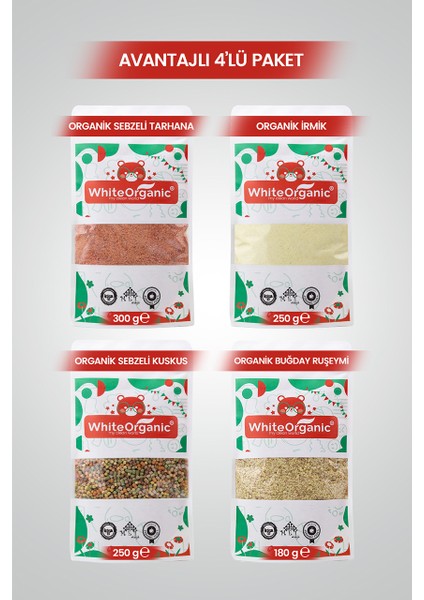 Bebek İrmiği+Bebek Tarhanası+Sebzeli Kuskus+Ruşeym Özü Organik Ek Gıda Seti