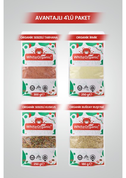 Bebek İrmiği+Bebek Tarhanası+Sebzeli Kuskus+Ruşeym Özü Organik Ek Gıda Seti fiyatları