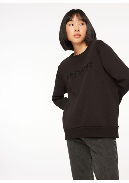 Siyah Kadın Bisiklet Yaka Relaxed Fit Nakışlı Sweatshirt D3WL-SWT15