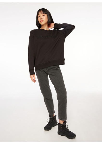 Siyah Kadın Bisiklet Yaka Relaxed Fit Nakışlı Sweatshirt D3WL-SWT15