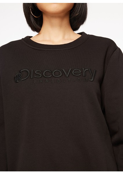 Siyah Kadın Bisiklet Yaka Relaxed Fit Nakışlı Sweatshirt D3WL-SWT15